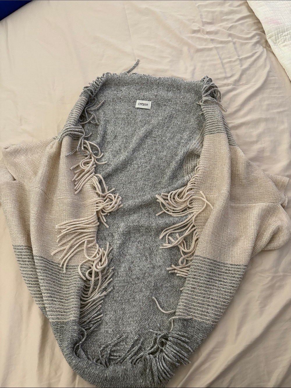 Cherish Two-Tone Fringe Open Cardigan Sweater - Gray & Cream